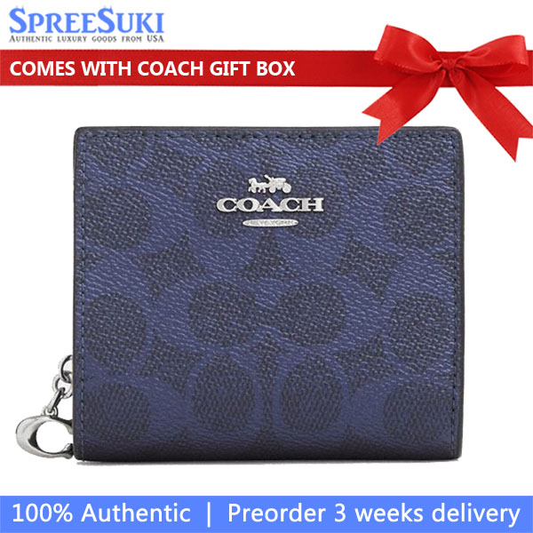 Coach Snap Wallet In Signature Canvas Silver Blue Navy # CCL96