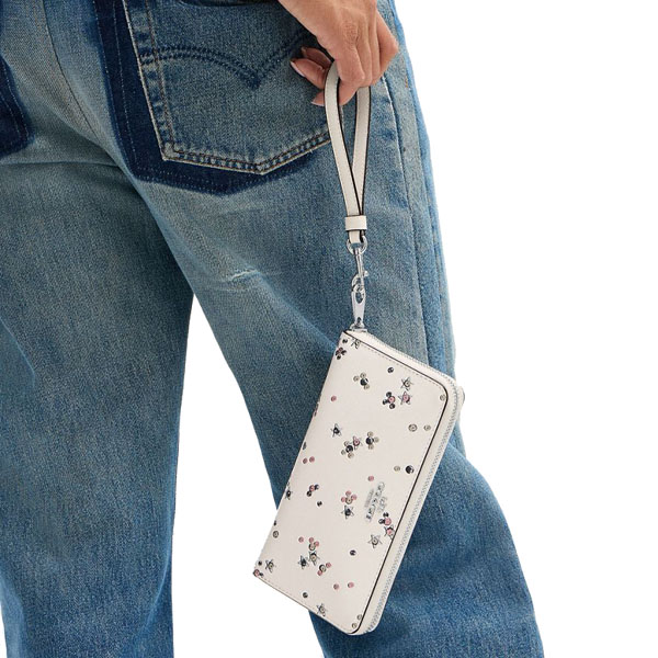 Coach Long Zip Around Wallet With Star Print Silver Chalk Multi Off White # CCL38