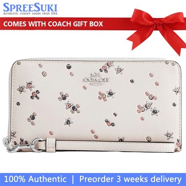 Coach Long Zip Around Wallet With Star Print Silver Chalk Multi Off White # CCL38