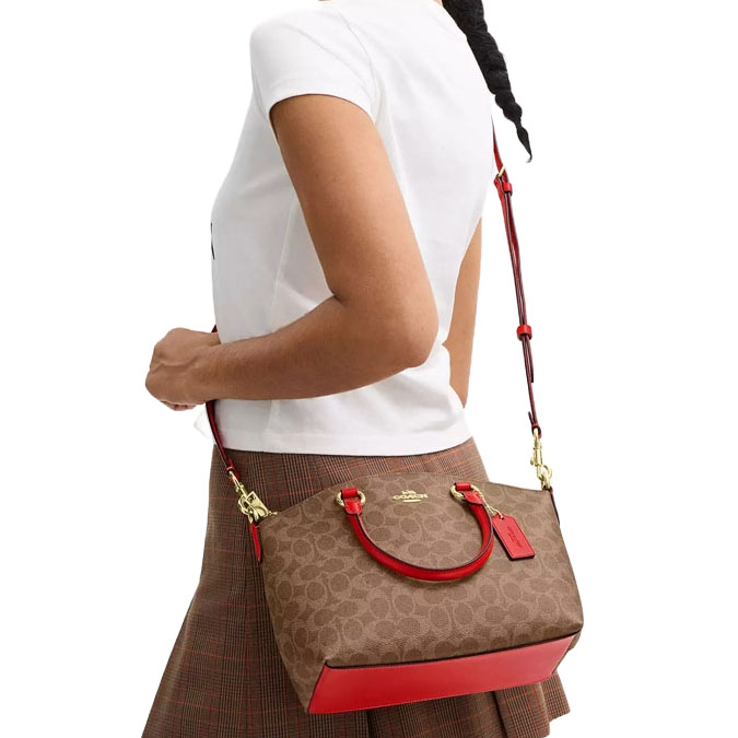 Coach Sadie Satchel Bag In Signature Canvas Tan Carnation Light Brown # CCM72