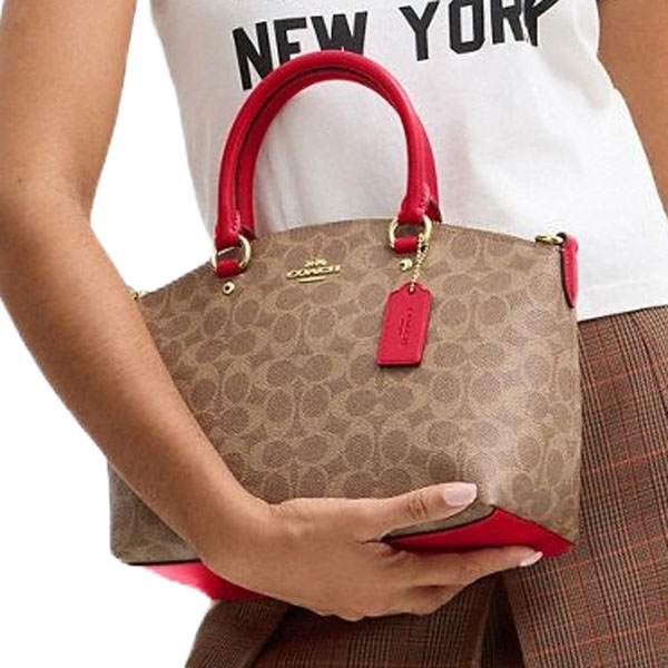 Coach Sadie Satchel Bag In Signature Canvas Tan Carnation Light Brown # CCM72