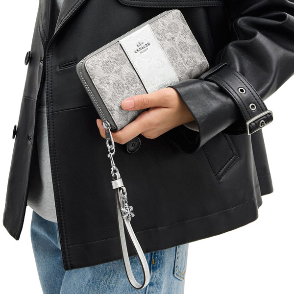 Coach Boxed Long Zip Around Wallet In Signature Canvas Silver Gray Silver Light Grey # CCL91