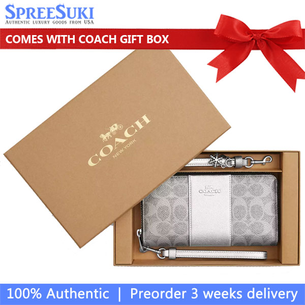 Coach Boxed Long Zip Around Wallet In Signature Canvas Silver Gray Silver Light Grey # CCL91
