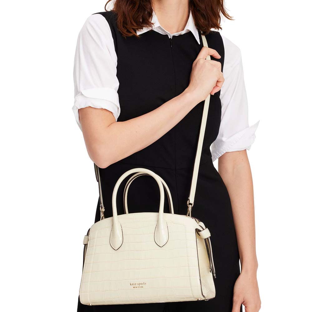 Kate Spade Knott Croc-Embossed Medium Zip-Top Satchel Halo White Off White # KE120