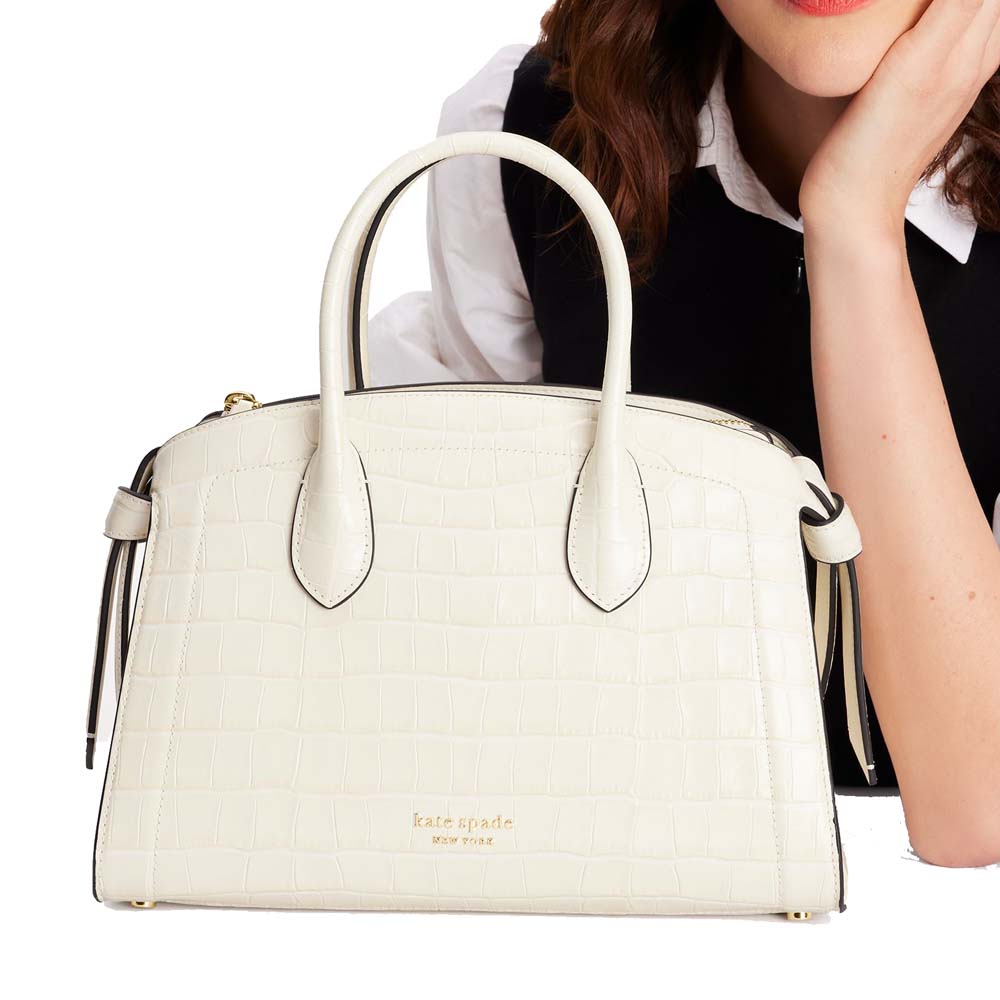 Kate Spade Knott Croc-Embossed Medium Zip-Top Satchel Halo White Off White # KE120