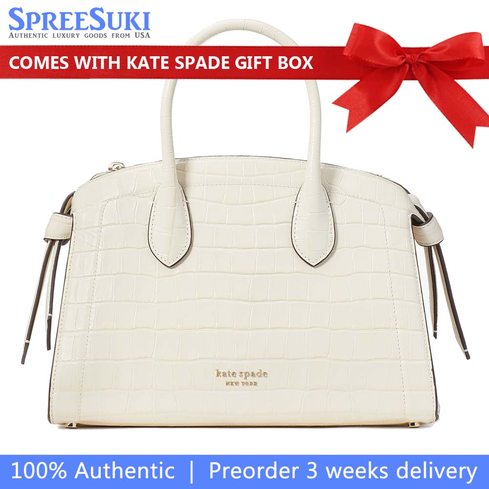 Kate Spade Knott Croc-Embossed Medium Zip-Top Satchel Halo White Off White # KE120