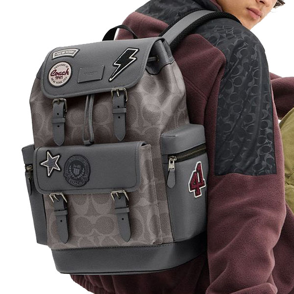 Coach Sprint Backpack In Maxi Signature Canvas With Patches Gunmetal Grey Multi # CCG03
