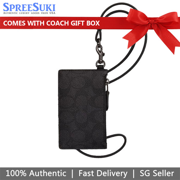 Coach Zip Lanyard Card Case In Signature Canvas Gunmetal Charcoal Black # CAJ46
