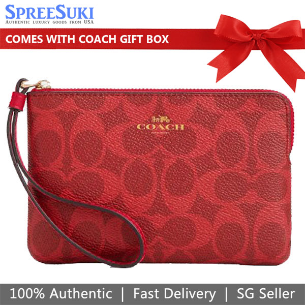 Coach Small Wristlet Corner Zip Wristlet In Signature Canvas Bold Red Dark Red # CAQ75