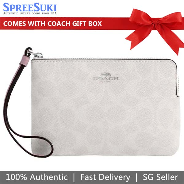 Coach Small Wristlet Corner Zip Wristlet In Signature Canvas Silver Chalk Carnation Off White # CAQ75