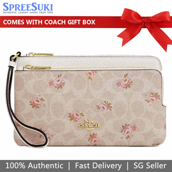Coach Large Wristlet Double Zip Wallet With Signature Canvas With Floral Print Sand Multi # CAR09
