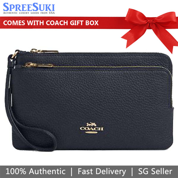 Coach Large Wristlet Pebbled Leather Double Zip Wallet Midnight Dark blue # CU919