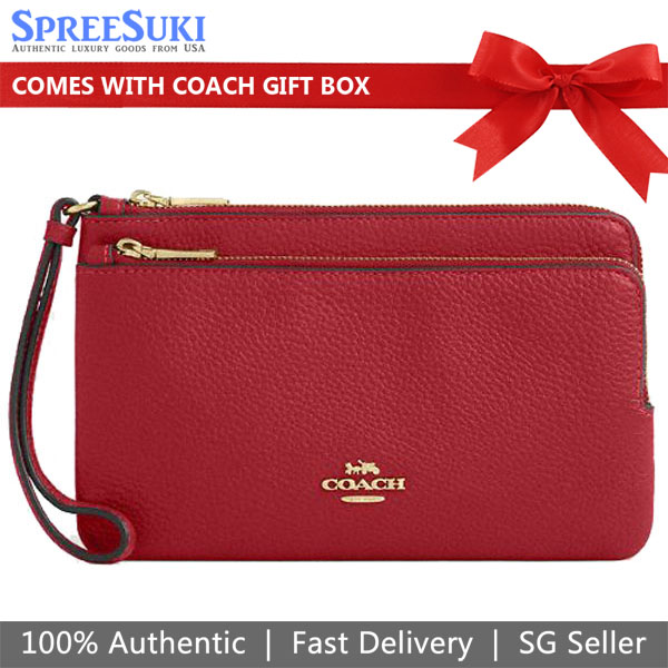Coach Large Wristlet Pebbled Leather Double Zip Wallet True Red # CU919