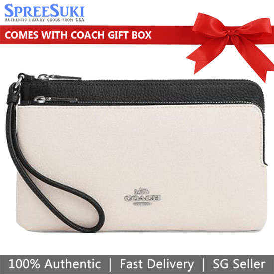 Coach Large Wristlet Contrast Double Zip Wallet Chalk Black Off White # CU921