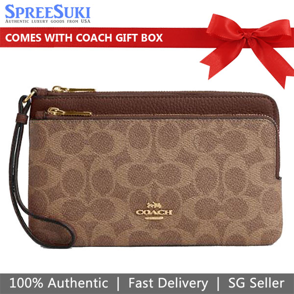 Coach Large Wristlet Double Zip Wallet In Signature Canvas Tan Brown # CX161