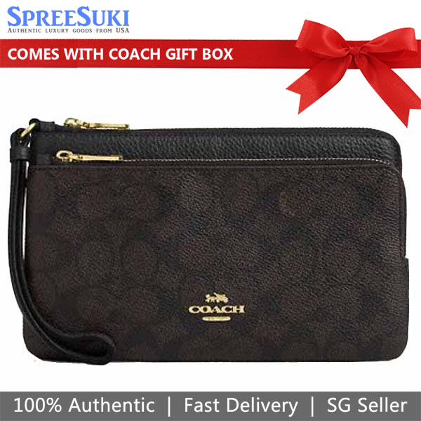 Coach Double Zip Wallet In Signature Canvas Large Wristlet Walnut Brown Black Dark Brown # CX161