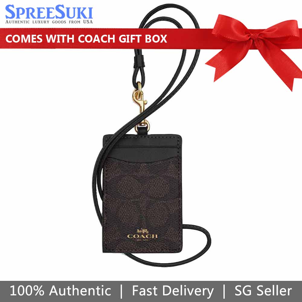 Coach Lanyard Id Signature Canvas Card Holder Card Case Card Holder Walnut Black Dark Brown # CZ285