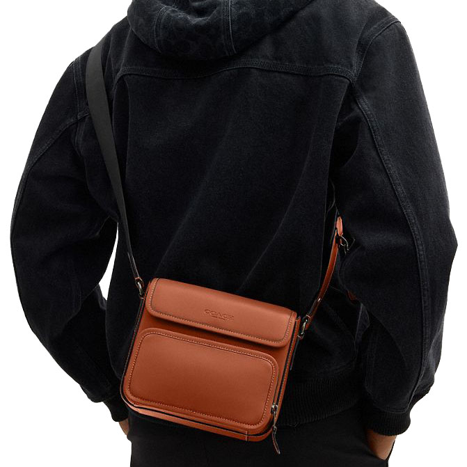 Coach Men Sullivan Flap Crossbody Bag Gunmetal Tan Brown # CDB62