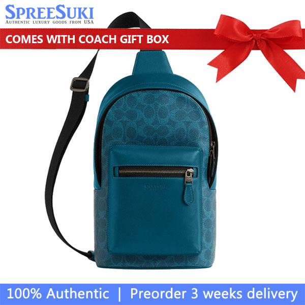 Coach Men West Pack In Signature Canvas Gunmetal Aquamarine Teal Aqua Blue # CV924