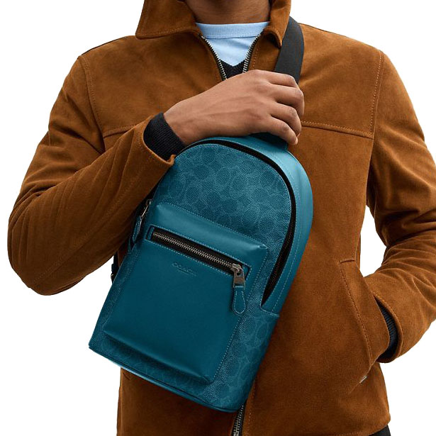 Coach Men West Pack In Signature Canvas Gunmetal Aquamarine Teal Aqua Blue # CV924