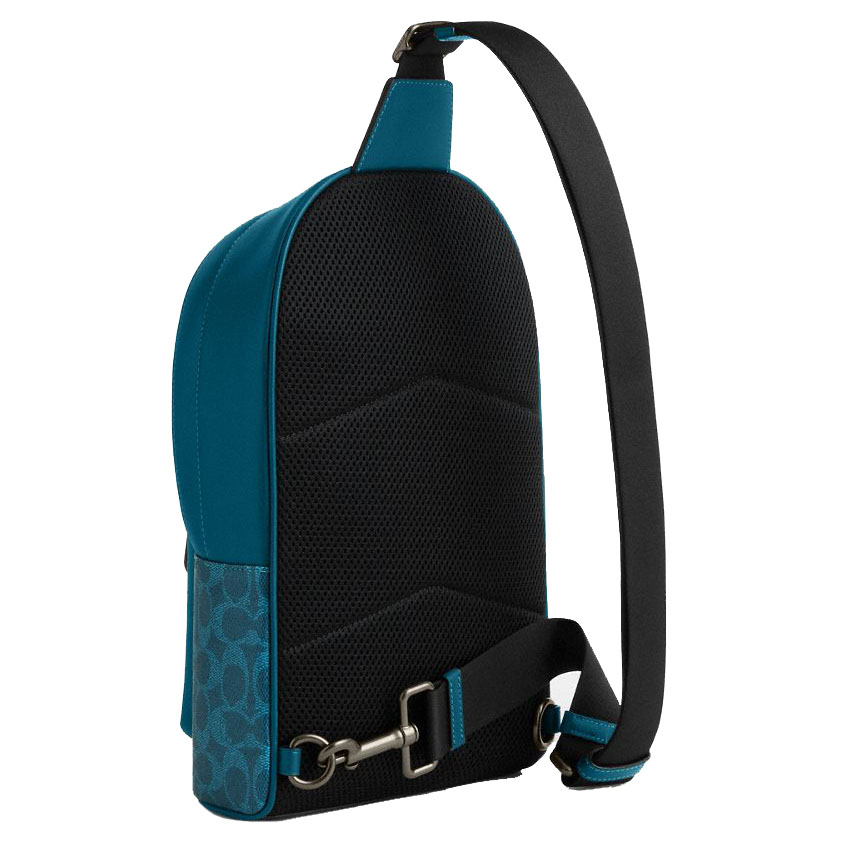 Coach Men West Pack In Signature Canvas Gunmetal Aquamarine Teal Aqua Blue # CV924