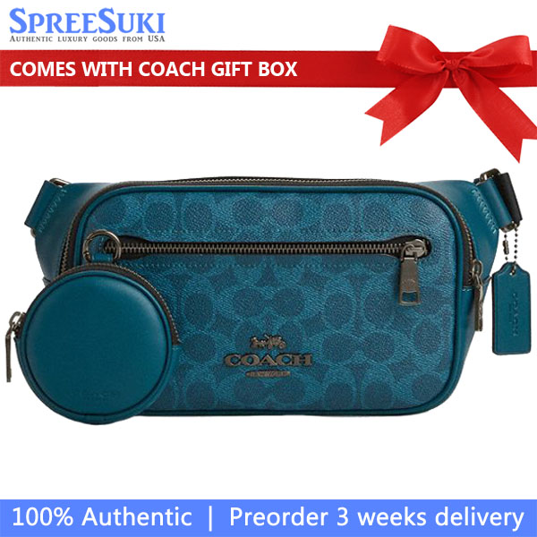 Coach Men Elias Belt Bag In Signature Canvas Gunmetal Aquamarine Teal Aqua Blue # CZ400
