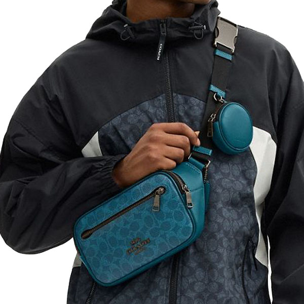 Coach Men Elias Belt Bag In Signature Canvas Gunmetal Aquamarine Teal Aqua Blue # CZ400