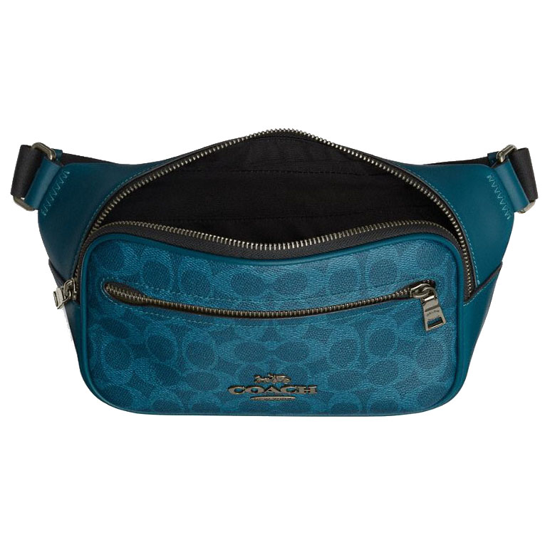 Coach Men Elias Belt Bag In Signature Canvas Gunmetal Aquamarine Teal Aqua Blue # CZ400
