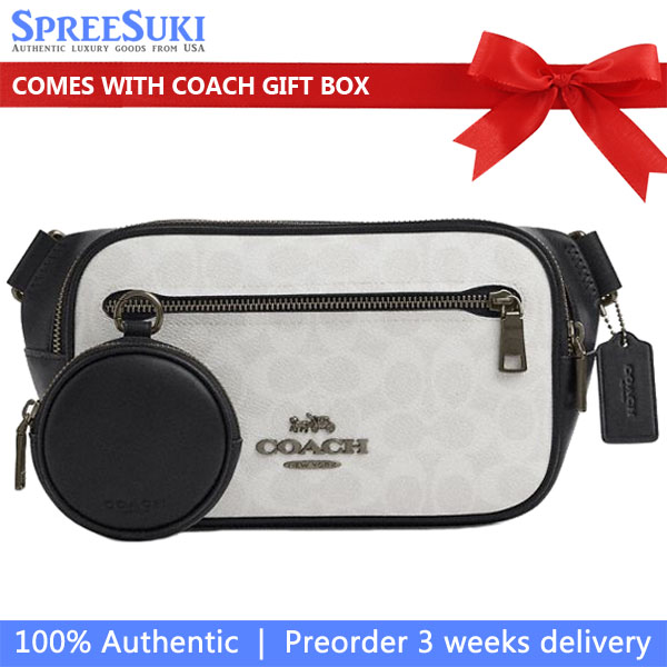 Coach Men Elias Belt Bag In Signature Canvas Gunmetal Chalk Black White # CZ400