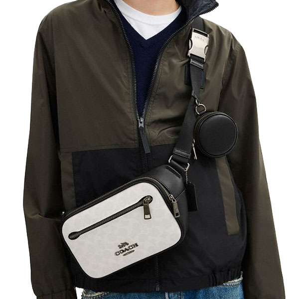 Coach Men Elias Belt Bag In Signature Canvas Gunmetal Chalk Black White # CZ400