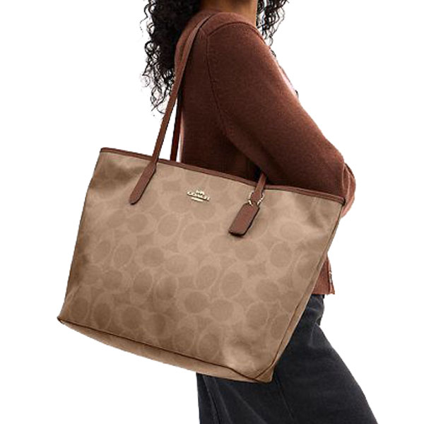 Coach Large City Tote Bag In Maxi Signature Canvas Tan Brown # CCD66