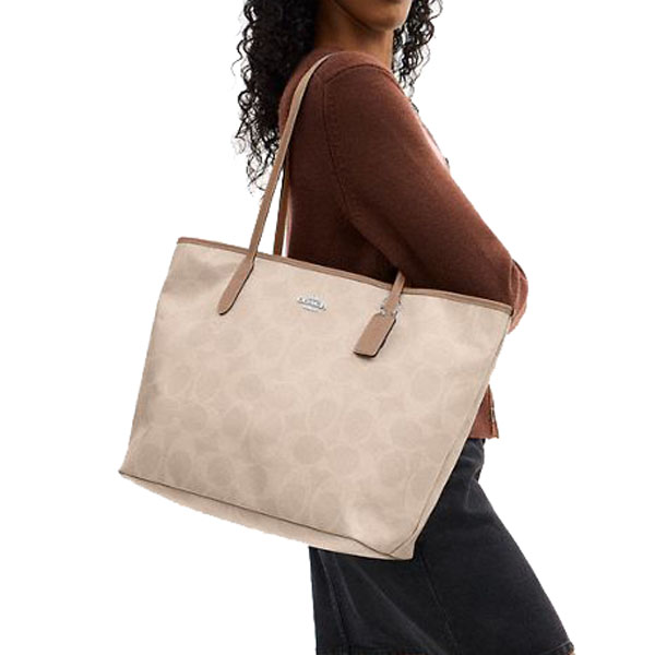 Coach Large City Tote Bag In Maxi Signature Canvas Silver Sand Taupe Beige # CCD66