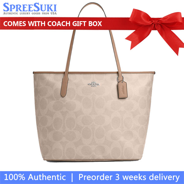 Coach Large City Tote Bag In Maxi Signature Canvas Silver Sand Taupe Beige # CCD66