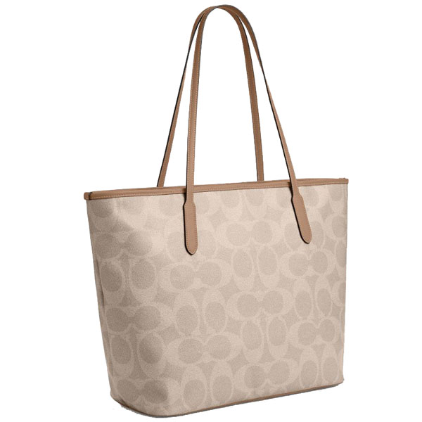 Coach Large City Tote Bag In Maxi Signature Canvas Silver Sand Taupe Beige # CCD66
