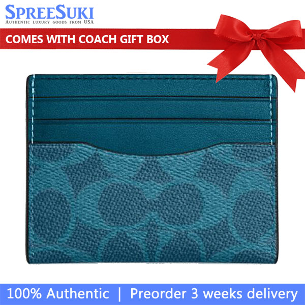 Coach Slim Id Card Case In Signature Canvas Aquamarine Teal Aqua Blue # CW366