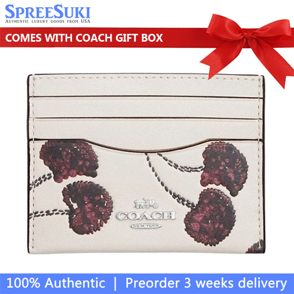 Coach Slim Id Card Case With Cherry Print Silver Chalk Multi White # CDG88