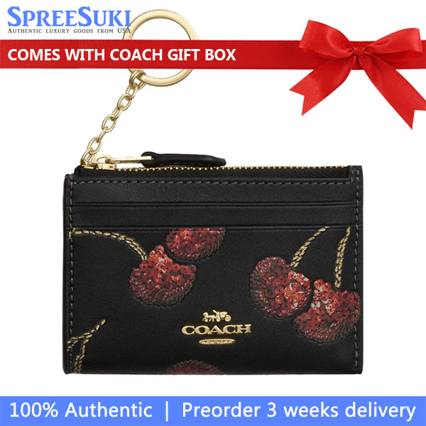 Coach Mini Skinny Id Case With Cherry Print Black Multi # CDF83