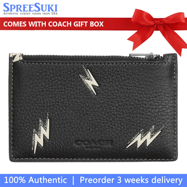 Coach Zip Card Case With Lightning Bolt Print Gunmetal Black Multi # CDP89