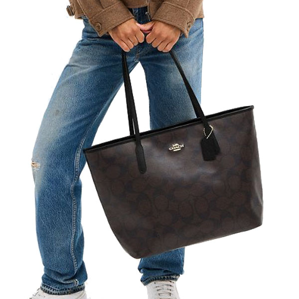 Coach Large City Tote Bag In Maxi Signature Canvas Walnut Black Dark Brown # CCD66