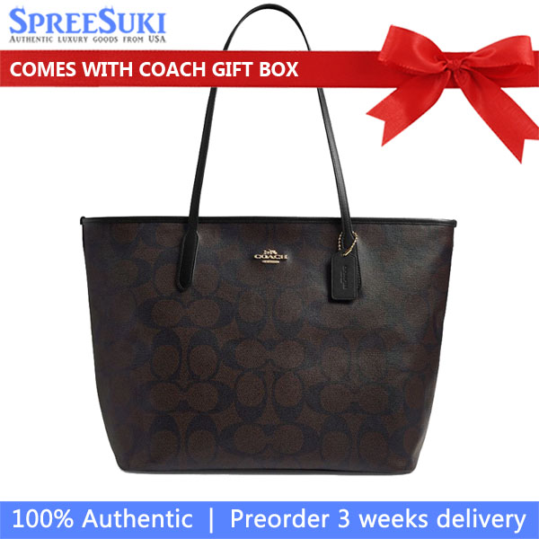 Coach Large City Tote Bag In Maxi Signature Canvas Walnut Black Dark Brown # CCD66
