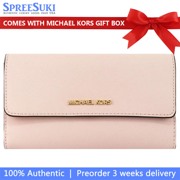 Michael Kors Long Wallet Jet Set Travel Crossgrain Leather Tri-Fold Wallet Powder Blush Blush Pink # 35S8GTVF7L