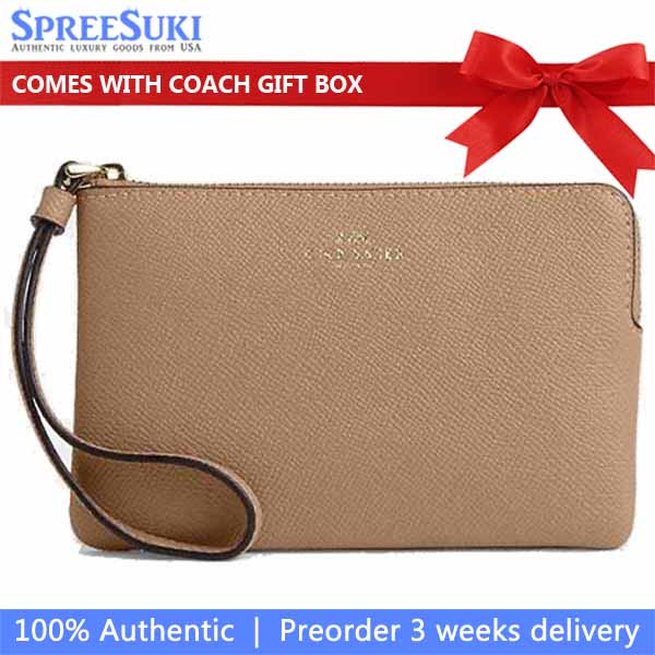Coach Small Wristlet Crossgrain Leather Corner Zip Taupe Beige # CV396