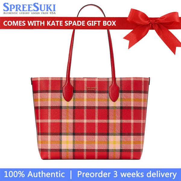 Kate Spade Bleecker Museum Plaid Large Tote Engine Red Multi # KD642