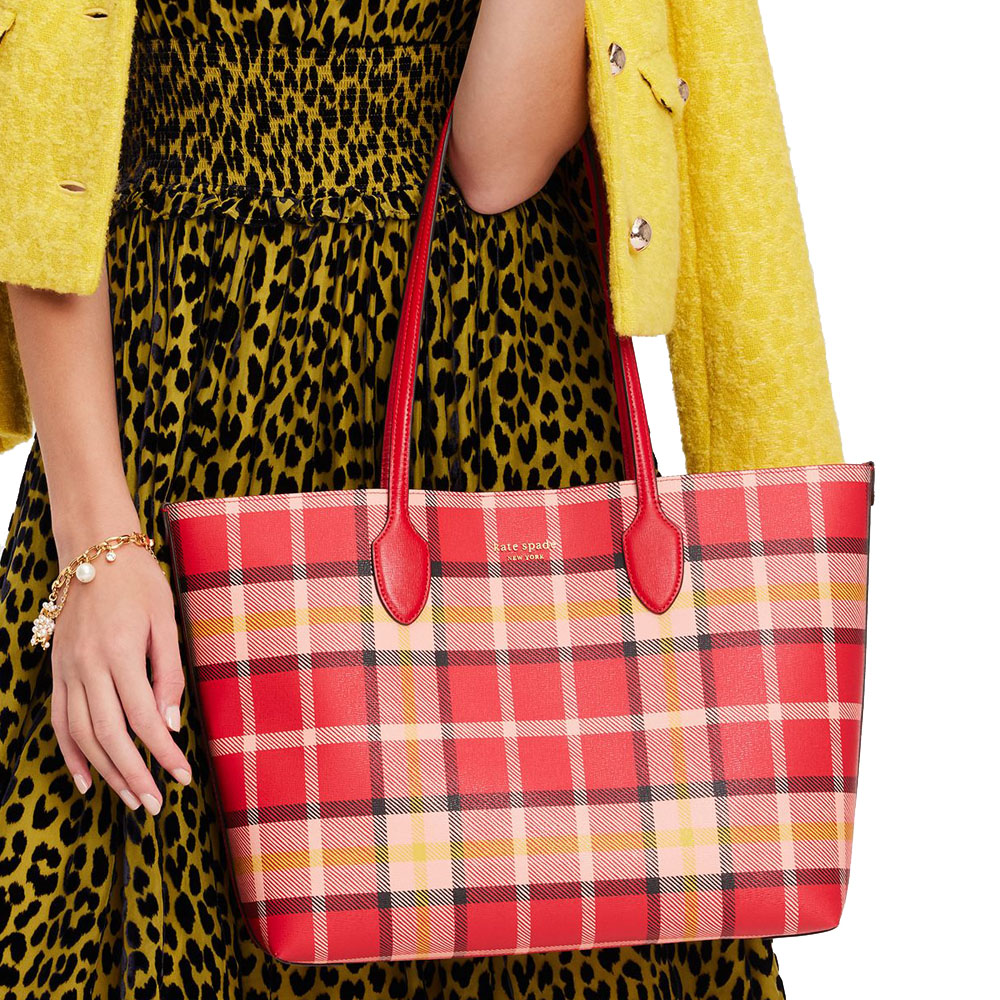 Kate Spade Bleecker Museum Plaid Large Tote Engine Red Multi # KD642