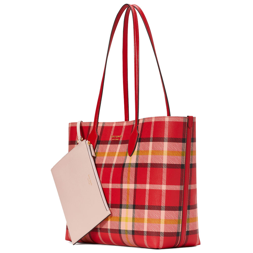 Kate Spade Bleecker Museum Plaid Large Tote Engine Red Multi # KD642