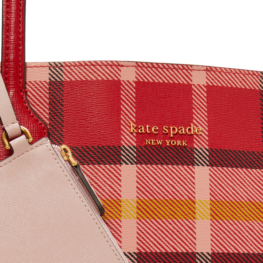 Kate Spade Bleecker Museum Plaid Large Tote Engine Red Multi # KD642