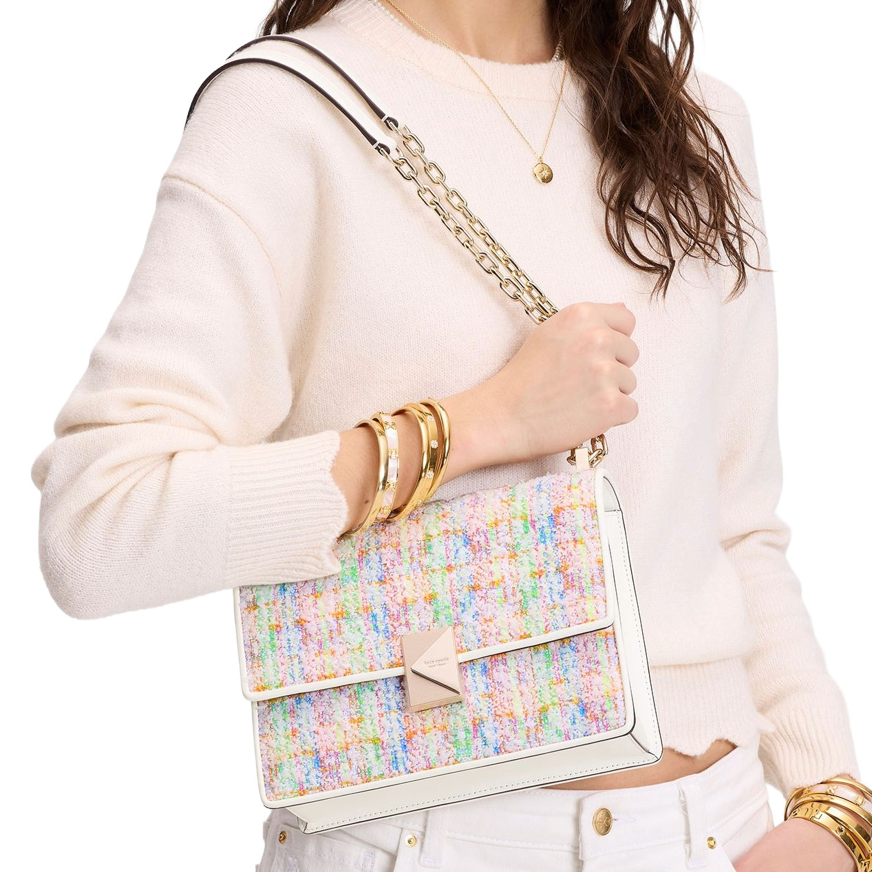 Kate Spade Deco Tweed Chain Shoulder Bag Multi Multicolor # KK774