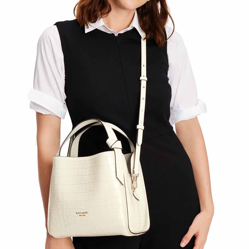 Kate Spade Knott Croc-Embossed Medium Crossbody Tote Halo White Off White # KE119