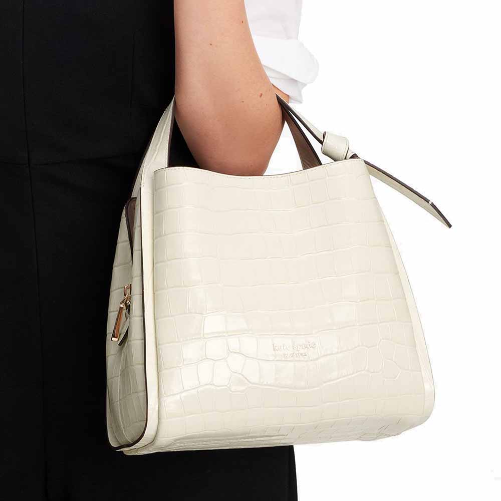 Kate Spade Knott Croc-Embossed Medium Crossbody Tote Halo White Off White # KE119