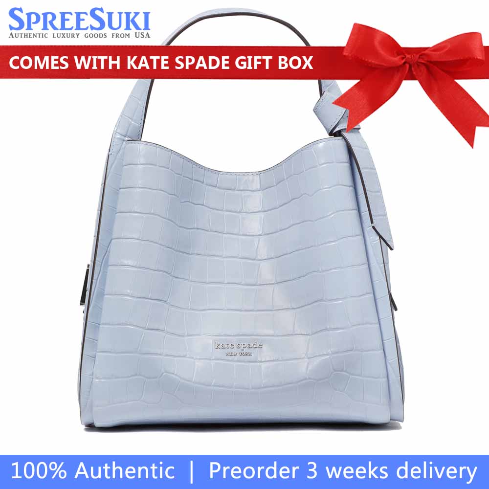 Kate Spade Knott Croc-Embossed Medium Crossbody Tote North Star Light blue # KE119